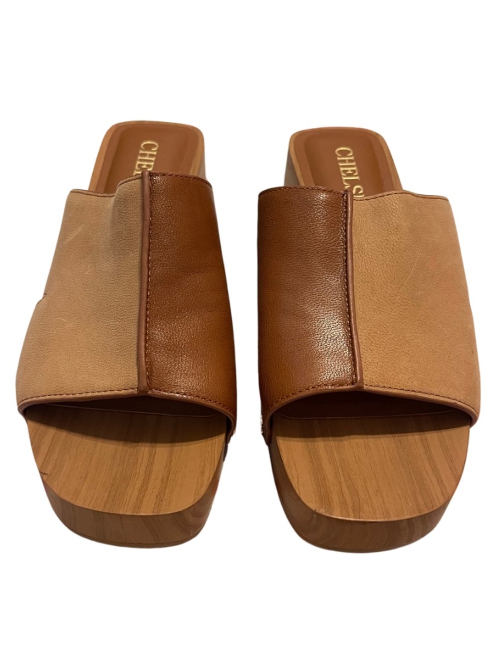 Chelsea & Violet Two-Tone Brown and Tan Leather Slide Platform Mules - Picture 3 of 10